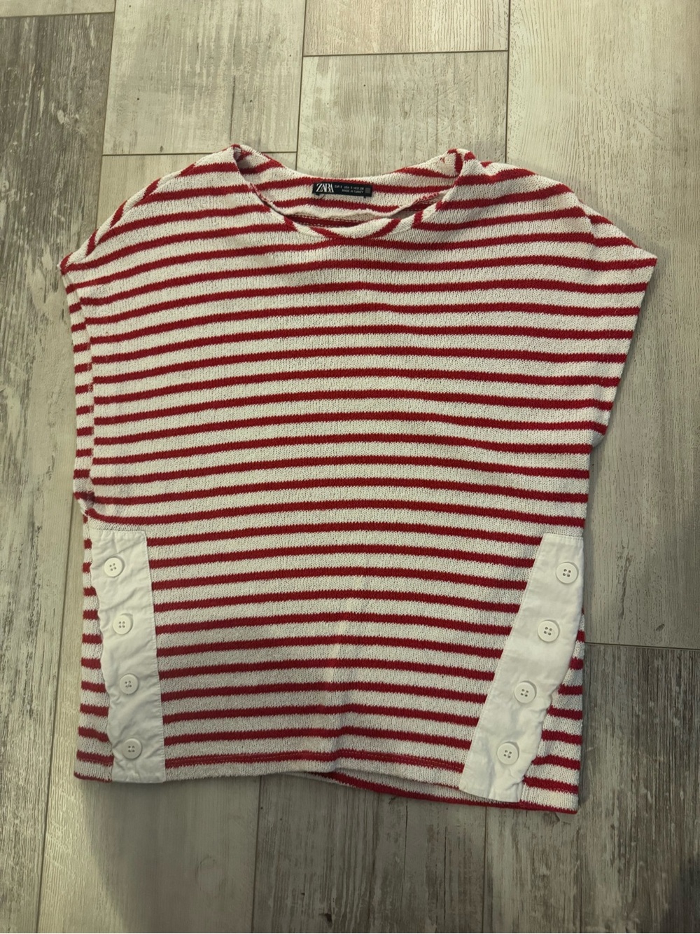 Zara Red and White Striped Knit Top with Side Button Panels